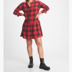 2/$30 GAP Ruffle Hem Red Black Buffalo Plaid Drop Waist Shirt Mini Dress Small